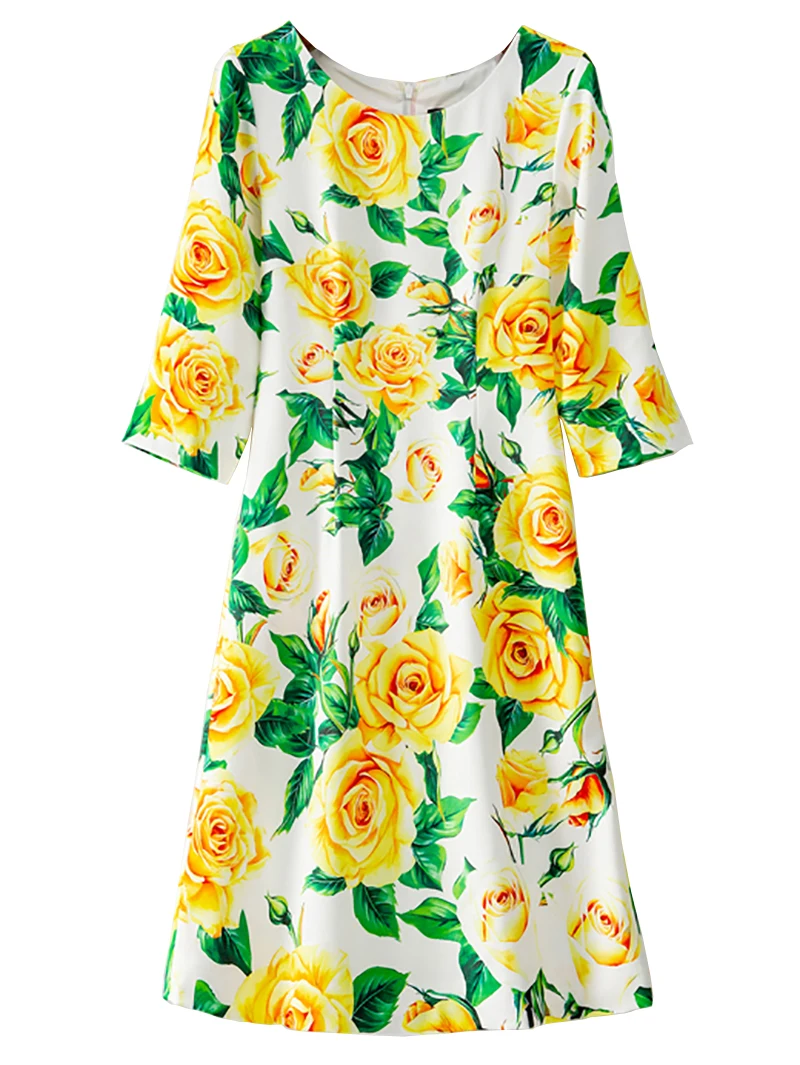 Yellow Rose Floral Print Women Dress Three Quarter Sleeve Dresses