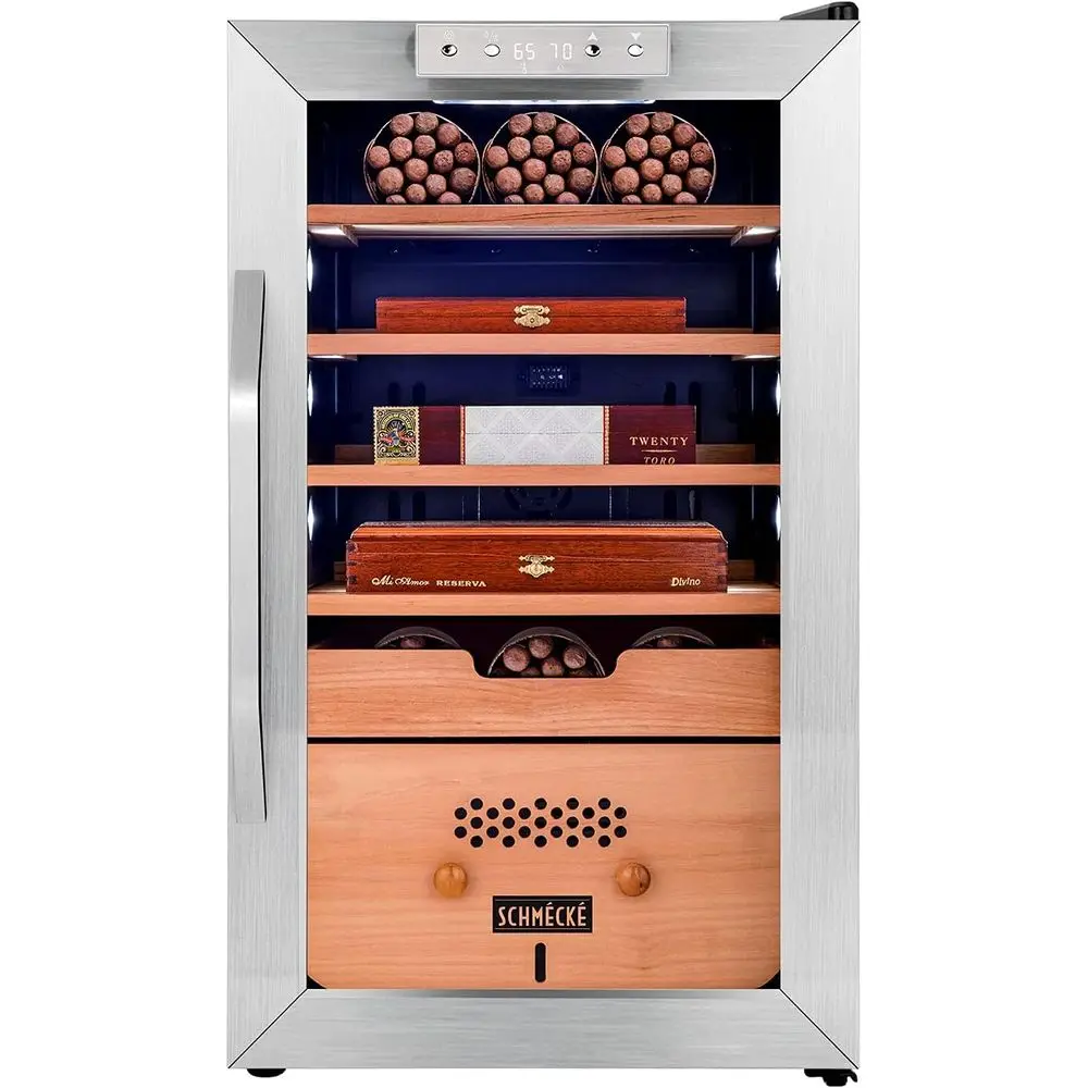 

Triple-Function Cigar Cooler with Precise Temperature and Humidity Control, Stainless Steel, Wooden Shelves, and Digital Hygrome