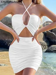 Valavalaking 2025 Summer Sexy Ladies Short Cross Hollow Dress Solid Halter Mini Bodycon Dresses Women Evening Party Tight Dress