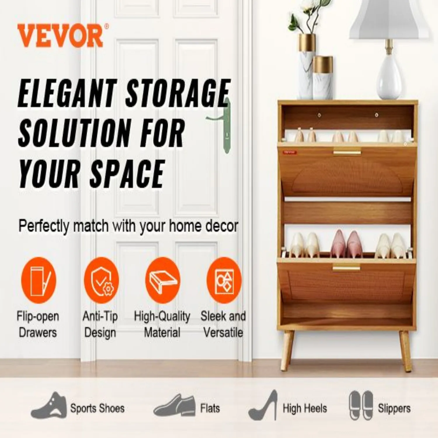 2 خزانة أحذية قابلة للطي موفرة للمساحة - أرجل خشبية حقيقية، تخزين واسع لتنظيم المدخل/الأحذية، متينة وسهلة التجميع