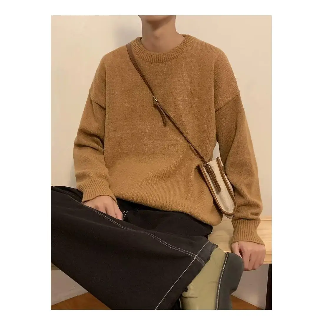 ملابس تريكو رجالية من Laid-ba Sle مستديرة Ne Base irt فضفاضة تناسب الزوجين من ألياف البوليستر الناعمة الشتوية غير الرسمية #3