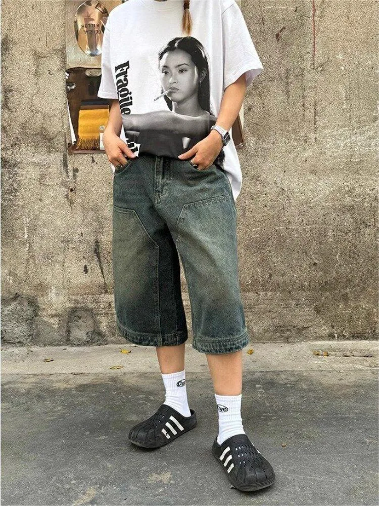 HOUZHOU Y2k Vintage Baggy Woman Jeans Shorts Oversize Harajuku Korean Fashion Jorts Japanese Style Streetwear Denim Pants Summer