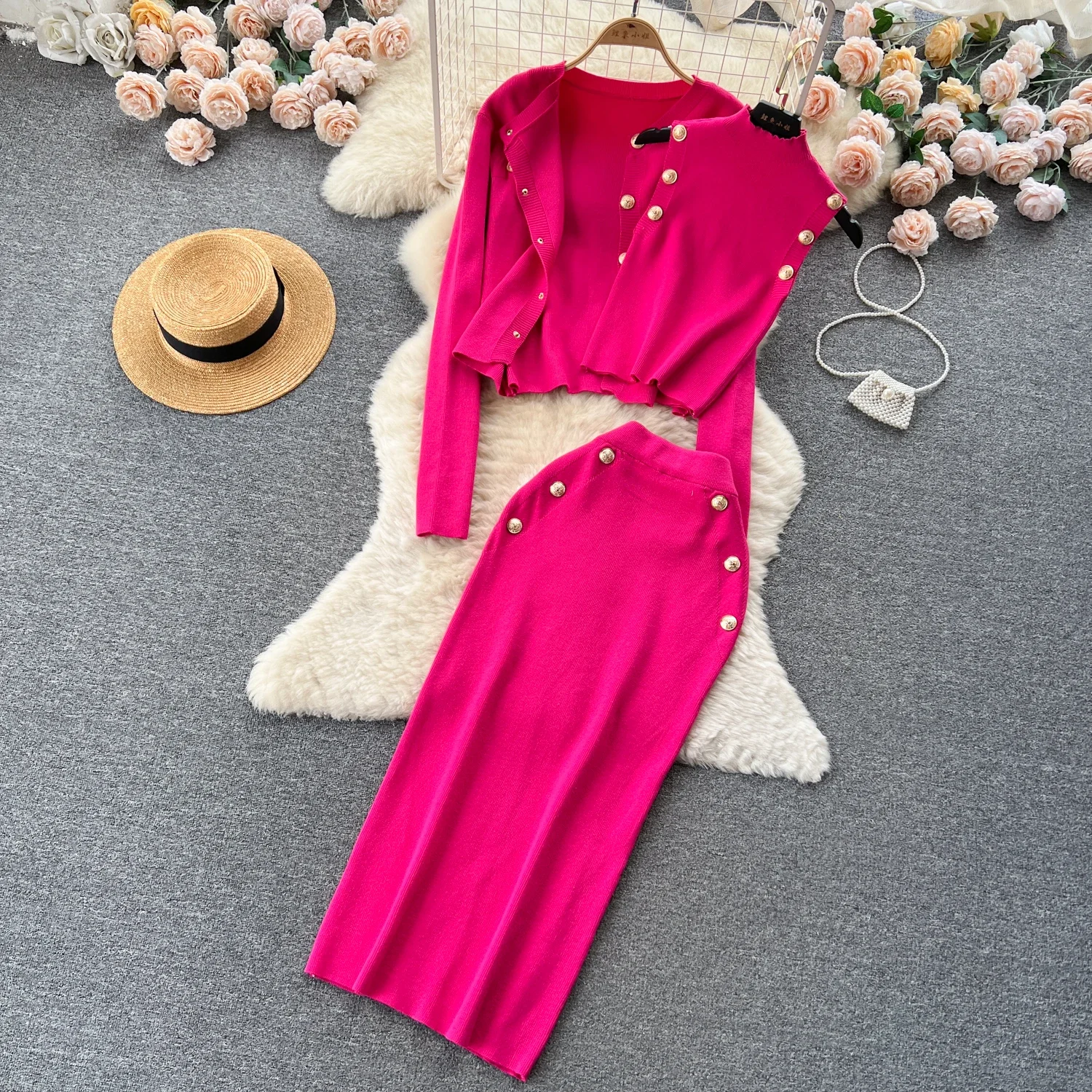 Chic Knit Three-piece Sets Sleeveless Straps Vest Loose Button Coat Vintage Basics Pencil Skirt Autumn Winter Women Clothing