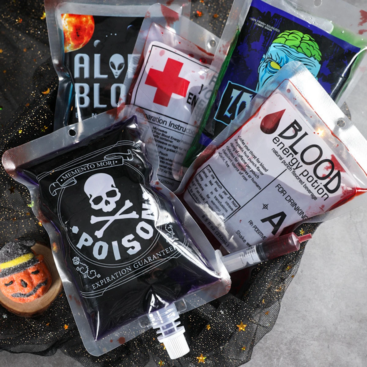 Halloween Blood Drink Pouches Zombie Skull Spout Juice Bags Gothic Cosplay Prop Horror Bar Party Beverage Storage Decor