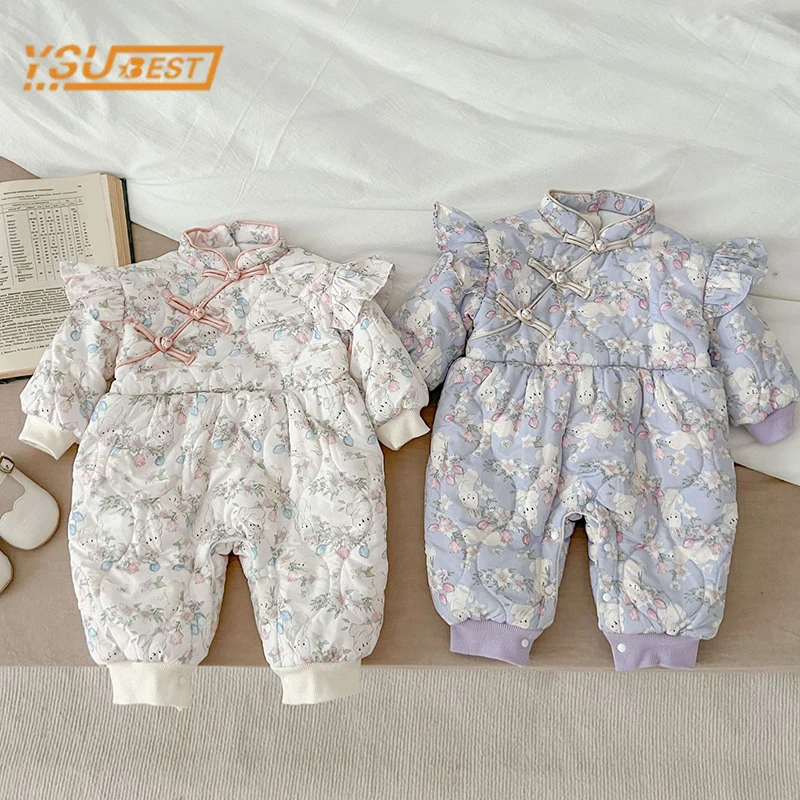 Infant Baby Girls Long Sleeve Cute Rabbit Ears Thicken Cotton Jumpsuit Winter Newborn Kids Baby Girls Clothes Rompers