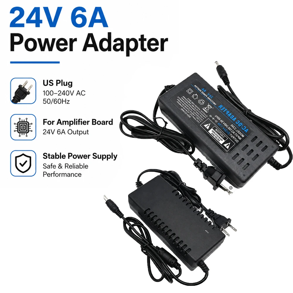 24V 6A Power Supply Adapter For Amplifier Board, AC 100-240V To DC 24V Converter With US Plug And DC Barrel Connector Cord