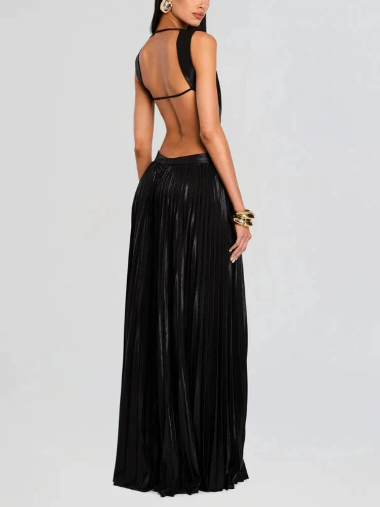 Vestido de noite elegante sem mangas plissado vestido de estampagem a quente com cintura elástica e vestido de saia longa sem costas