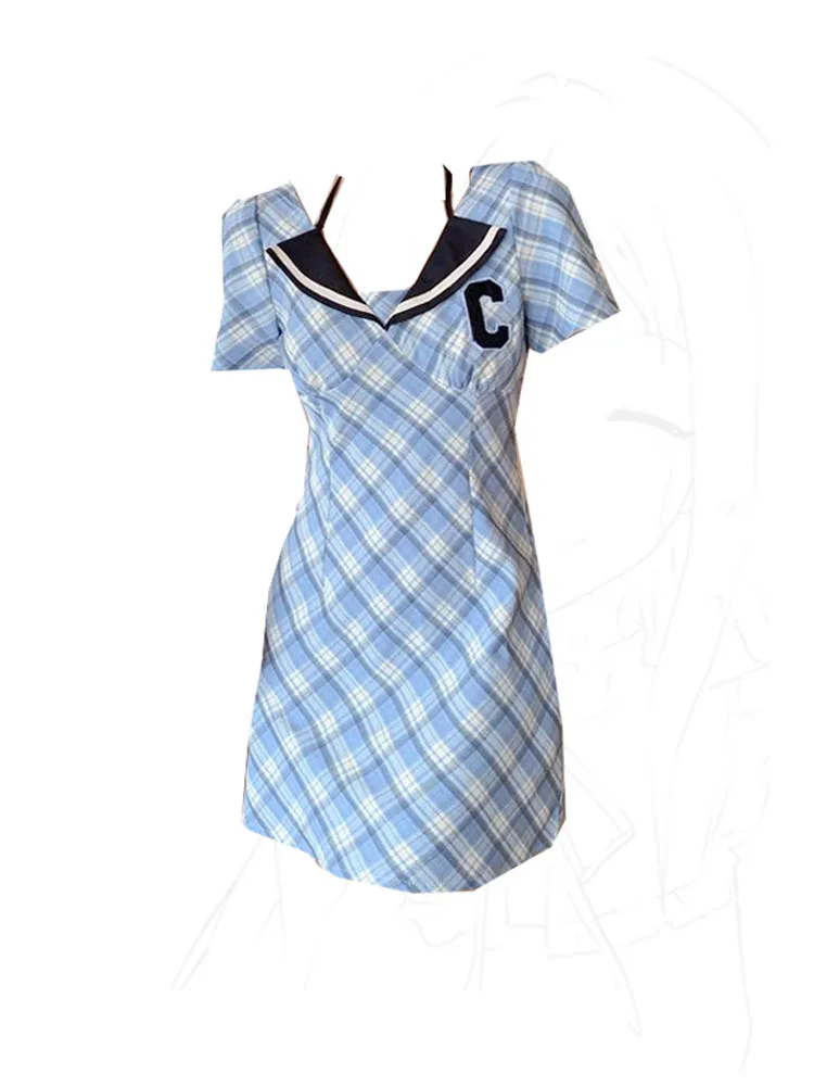 Classical V-Neck Short Sleeve Plaid One-Piece Dress Women Fashion Sweet Sexy A-line Dress Preppy Style Summer 2024 Slim Frocks