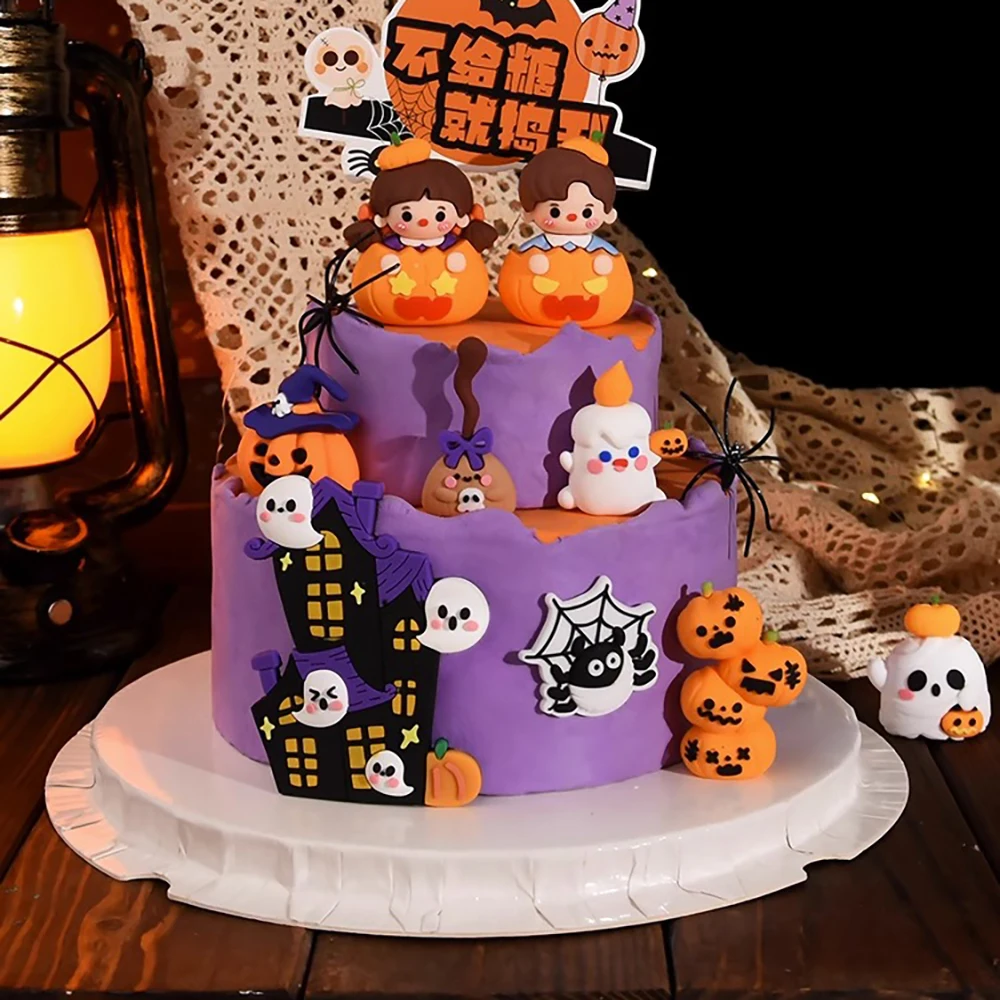 Halloween Cake Topper Pumpkin Boy Girl Ghost Castle Haunted Houses Cupcake Topper for Happy Halloween Party Supplies Funny Dolls view 6