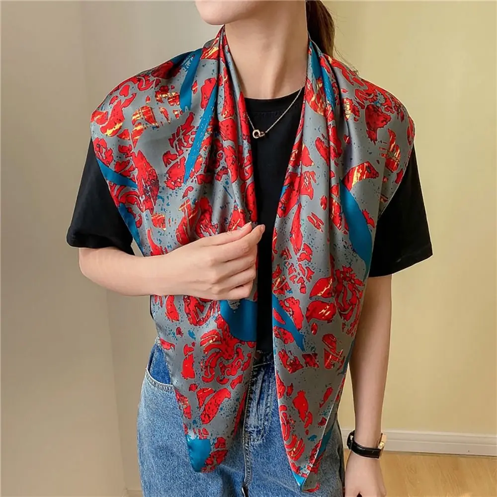 Women Luxury Silk Scarf Breathable Print Beach Shawl Smooth Sun-Resistant Hijab