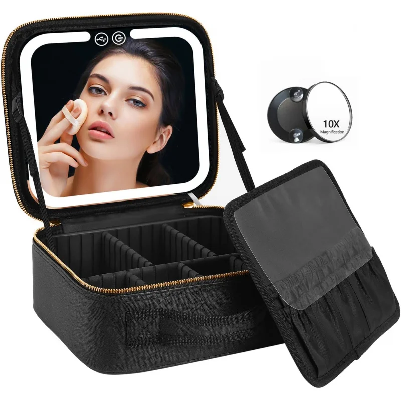 

VANMRIOR Travel Bag LED Lighted Make Up With Mirror 3 Color Setting Cosmetic Makeup Box Organizer Vanity Case F