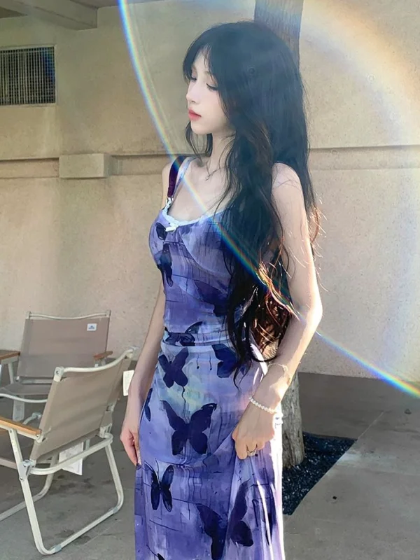 Summer Pure Desire Floral Print Purple Strap Dr Women's Sweet Spicy Slim Fit Long Skirt High Waist No Sve Commute Sle