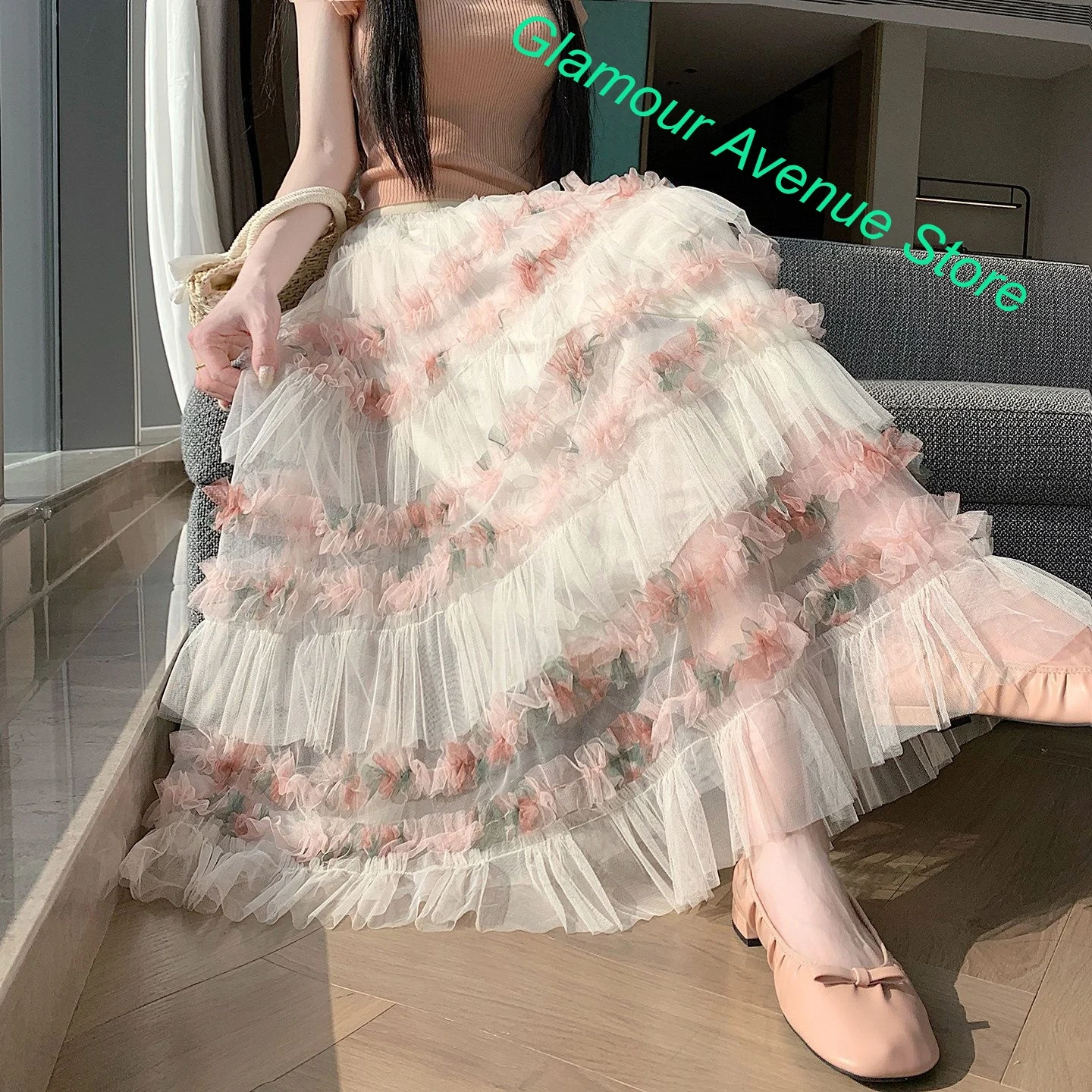 French heavy industry flower pleated gauze cake skirt female summer and autumn sweet wind niche design sense A word big skirt