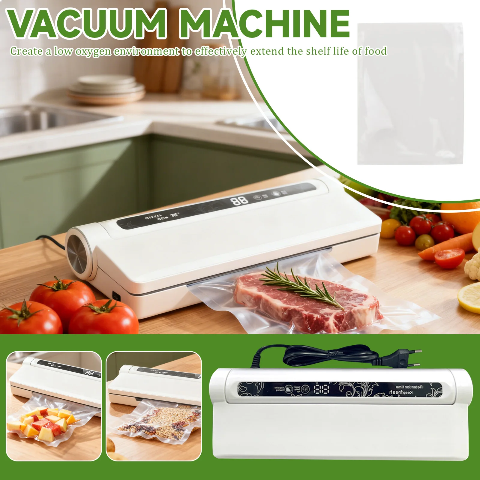 

Комплект машины для вакуумной упаковки пищевых продуктов 75 кПа — кухонный прибор в режиме сухого/влажного режима с 20 пакетами, компактный цифровой таймер для сохранения свежести