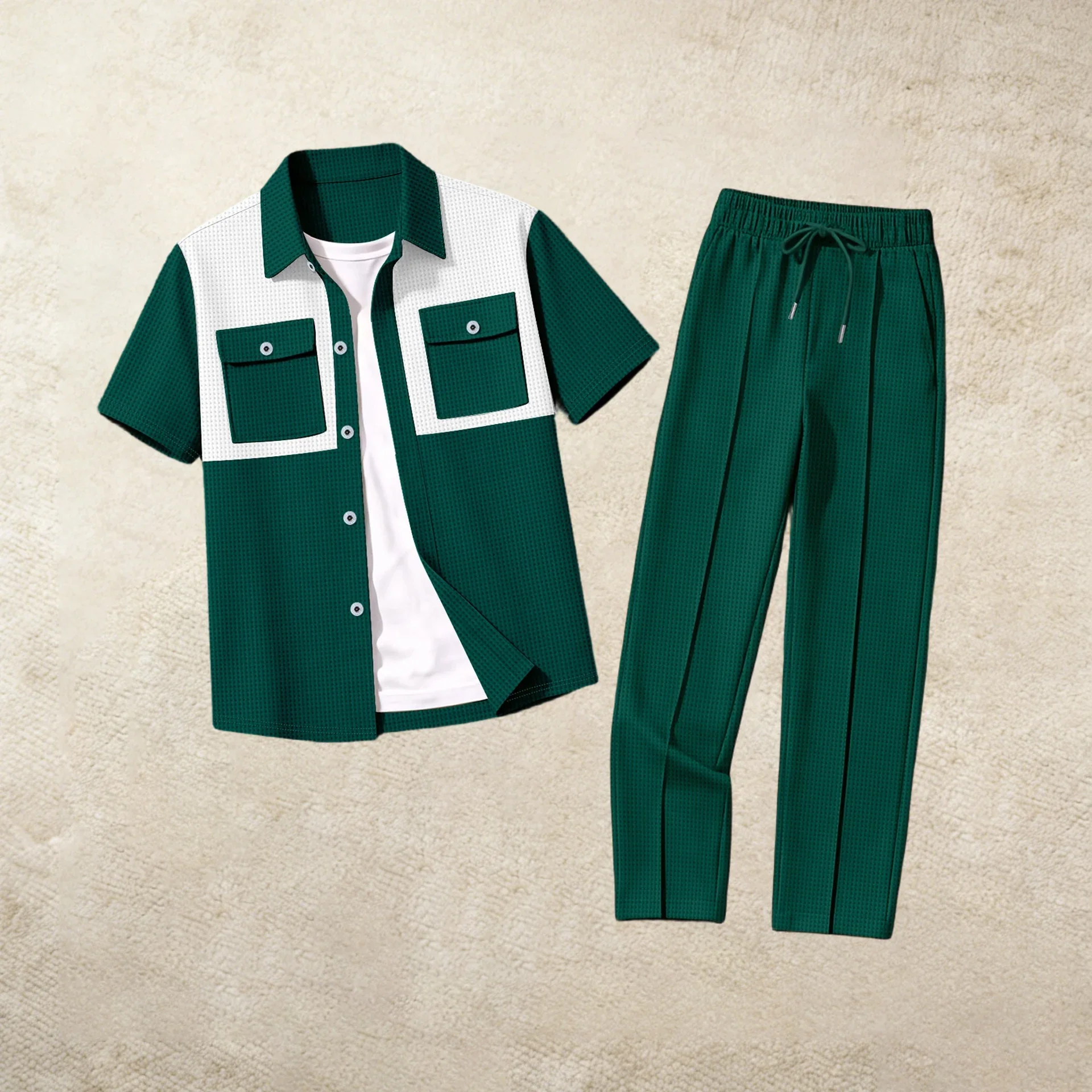 Herren Waffelstrick 2-teiliges Outfit mit mehreren Taschen, Kurzarmhemd mit Knöpfen und lange Hose, Streetwear-Trainingsanzug