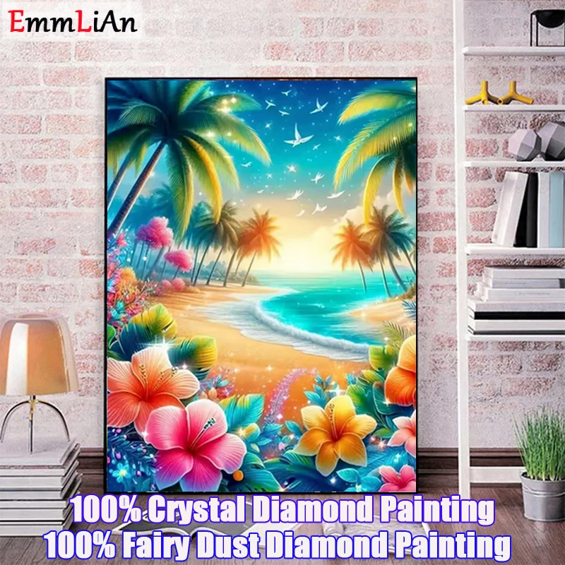 Full Crystal Diamond Embroidery Beach Rhinestones Picture Cross Stitch Painting Flower Fairy Dust AB Drill Mosaic Handmade Gift