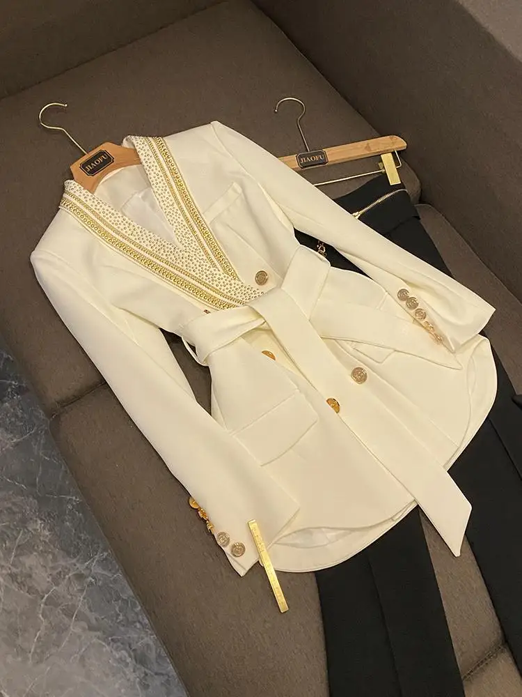

Spring 2026 Fashion Metal Piece Belted Waistcoat Style Women's Coat Medium Length Green Collar Quality Commute Wind