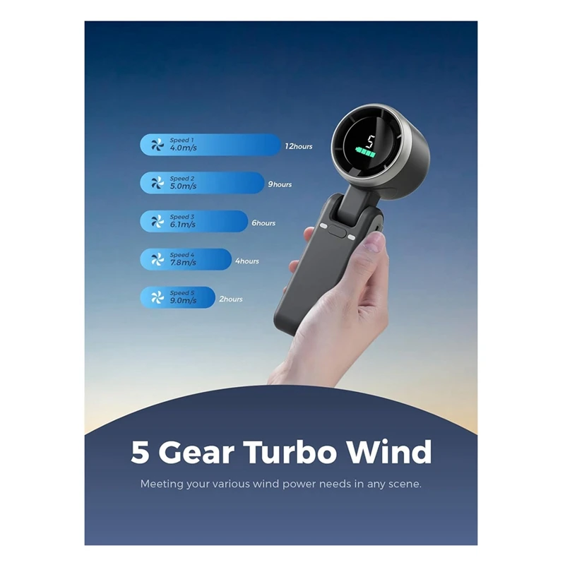 Ventilador Turbo de mano portátil, 5 velocidades de viento, funciona con pilas, hasta 12 horas de trabajo, ventilador de mano con tecnología Air Turbo