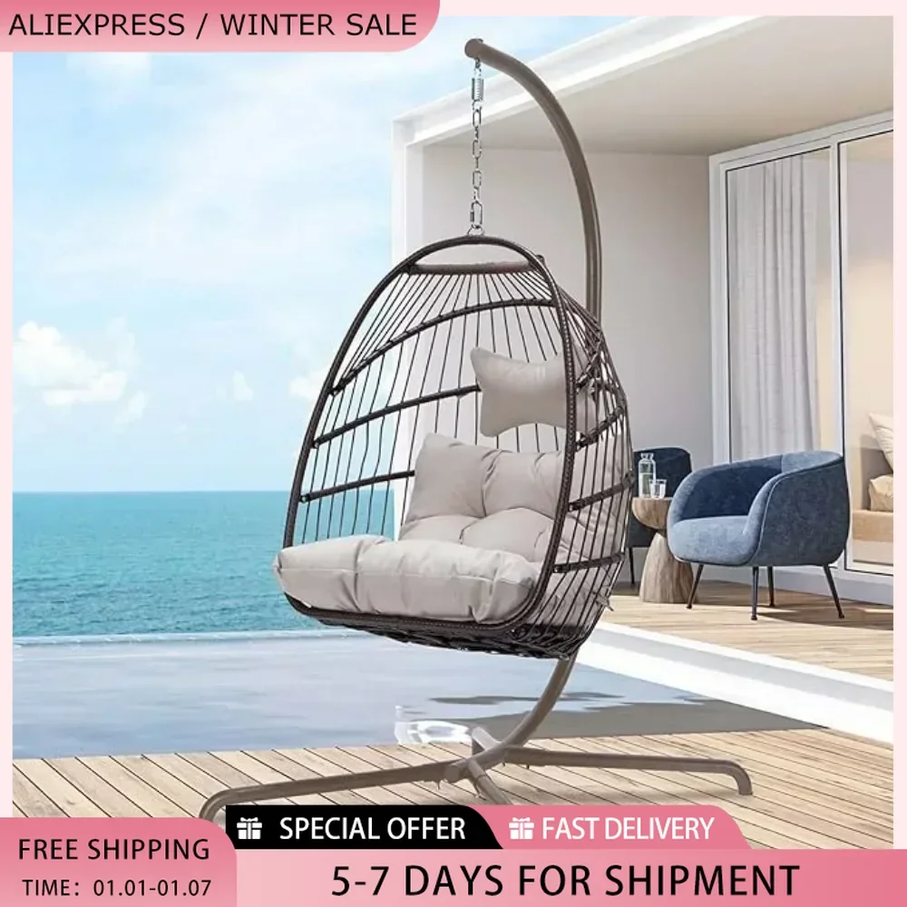 Swing Egg Chair with UV Resistant Cushions 350lbs Capacity, Stand Indoor Outdoor Wicker Rattan Patio Basket Hanging Chair