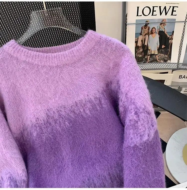 Jesień Zima Nowy Okrągły Dekolt Długi Rękaw Modny Sweter Damski High Street Gradient Casual Pullovers Elegancki Szykowny Top All-match