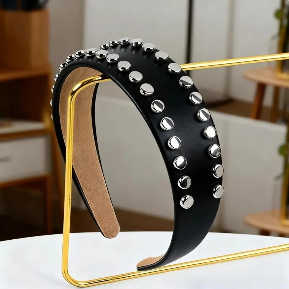 High-end Multi-Color Rivet Headband Vintage Non-Pressure Design Wide Brim Hair Hoop PU Leather Chic Face Wash Headwear Makeup