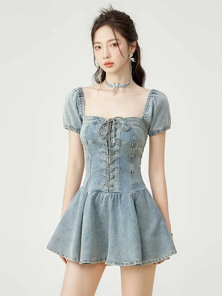 Summer Women European Style Square Collar Lace Up Puff Short Sleeve Deigner Denim Dress , Woman Fashion Dresses
