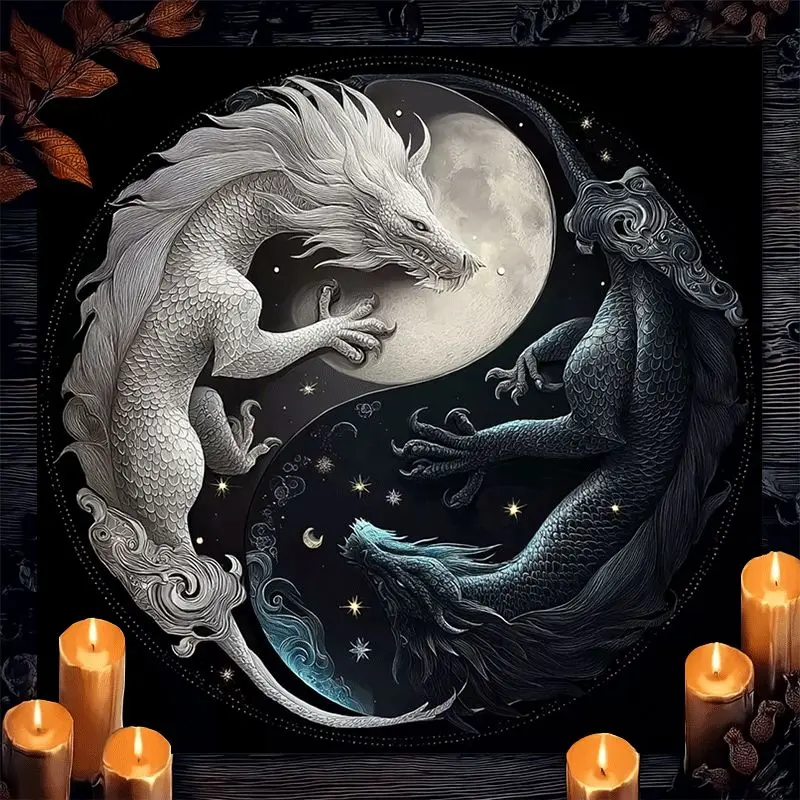 

Скатерть для Таро «Дракон и Луна Инь-Ян» с дизайном «Звездная ночь» для медитации, гадания, Хэллоуина, домашнего декора, 75x75 см