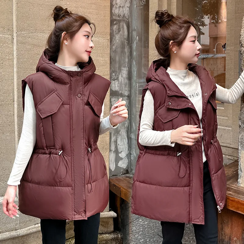 

Autumn Winter Down Cotton Vest Female Parka Thicke Warm Sleeveless Hooded Jacket Women Outwear Ladies Waistcoats Chaleco Mujer