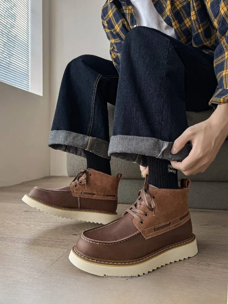 

Men's Outdoor Workwear Boots Leather Patch Anti-slip Large Sole Autumn Winter Fashionable Booties round Toe Short Tube