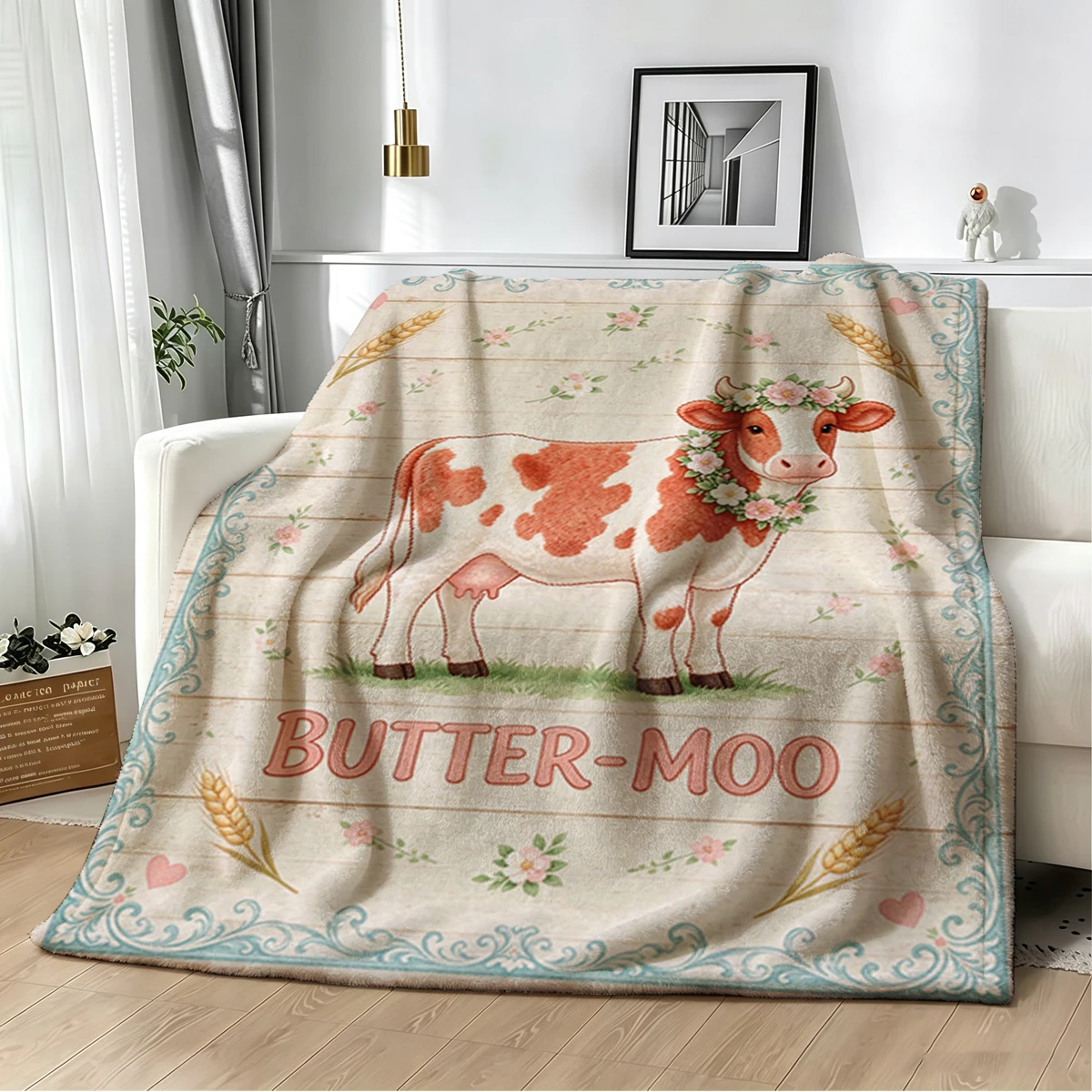 Butter Moo Cow Repeat Frame Flannel Blanket Warm Soft Halloween Christmas Decorative Couch Warm Cozy All-Season Gift