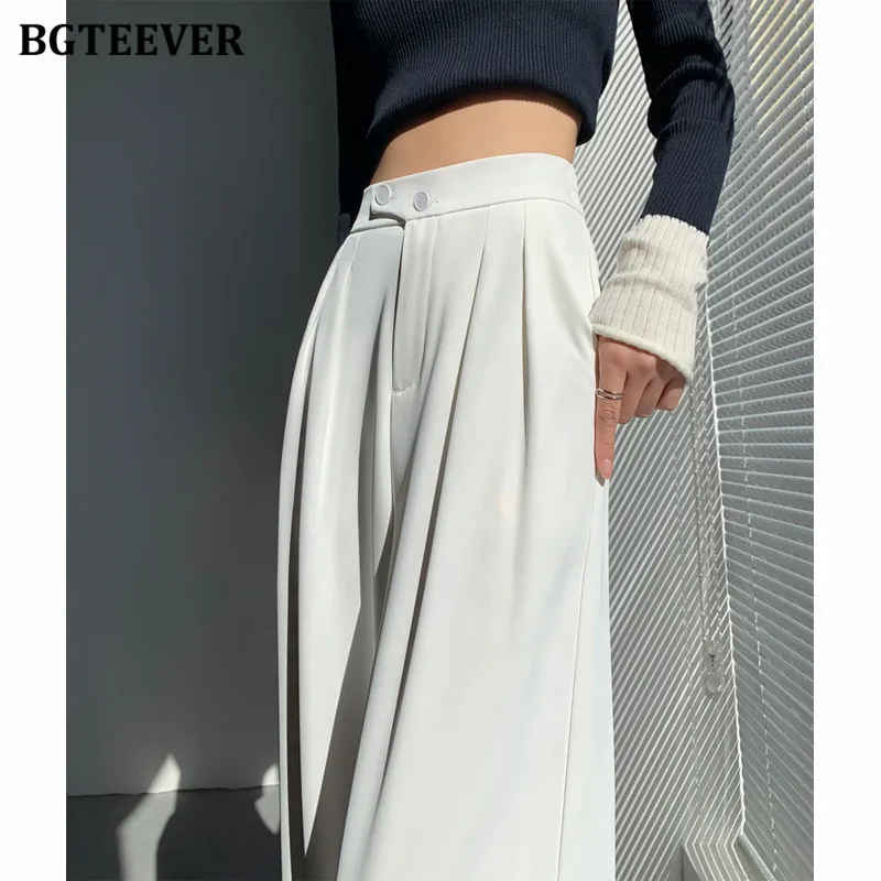 BGTEEVER Autumn Two Buttons Female Wide Leg Pants Pockets Straight Trousers for Women Elegant Solid Ladies Long Pants