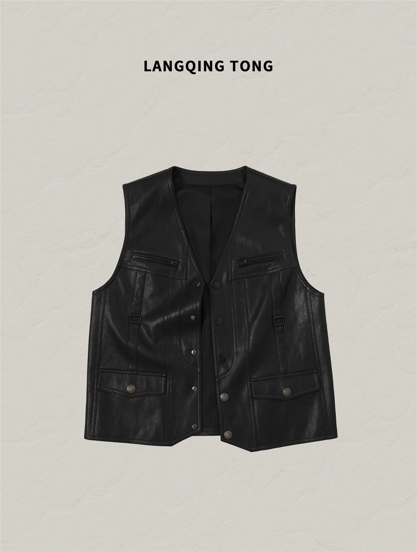 

Bla V-Ne Multi-ket Leather Vest Women's Faionable Versatile Spring 2026 Simple Design Commute Sle Mid-Age Suitable