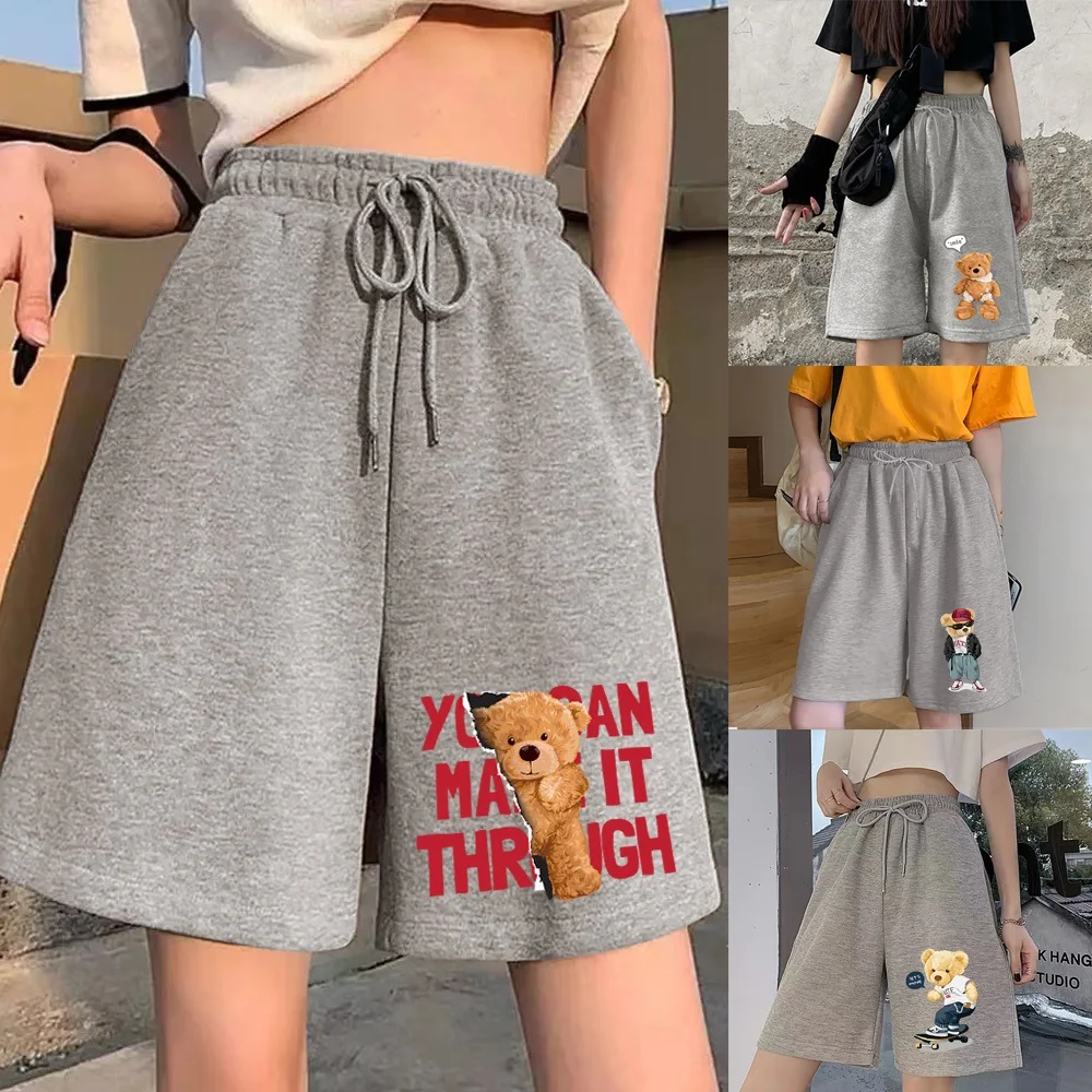 Women's Fashion Shorts Loose Clothing Student Harajuku Cropped Pants Cute Bear Print Series Street Female Gray Shorts