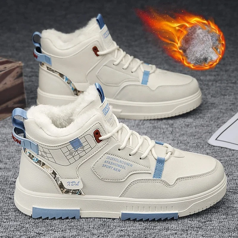 Popular Men High-Top Fleece Lined Thickened Sneakers Trendy Casual Men Sneakers Warm Cotton Shoes Winter No-slip Sole Man Boots