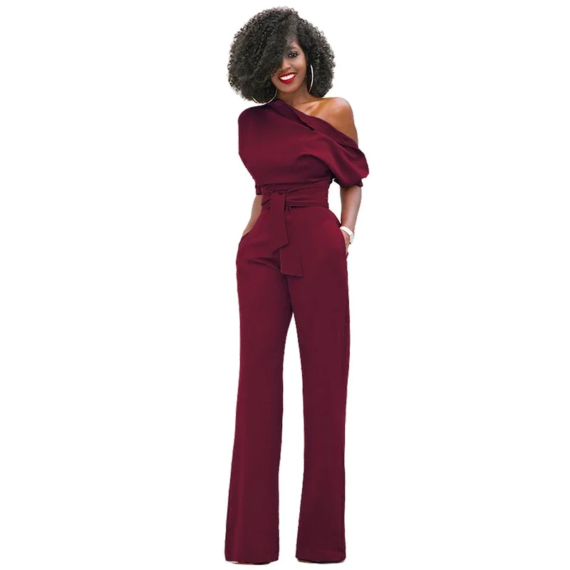 Customizable High Quality Autumn Casual Jumpsuit One Shoulder Slash Neck Button Romper Full Length Jumpsuit Wide Legs Jumpsuit