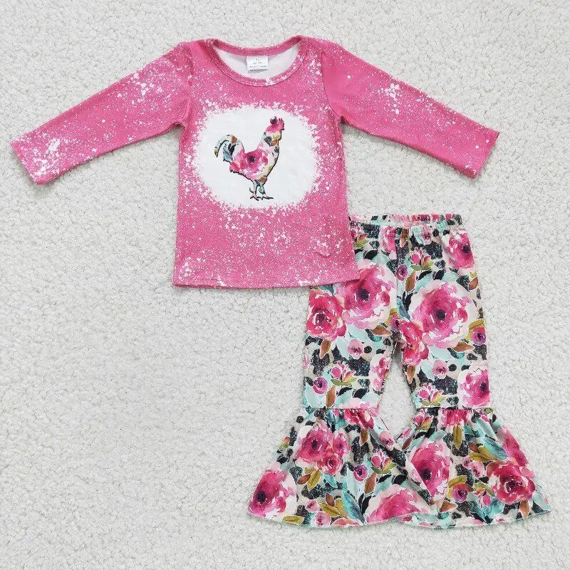 

New arrived no moq RTS cock pattern children's flower clothing toddler baby girls pink sets kids spring outfits