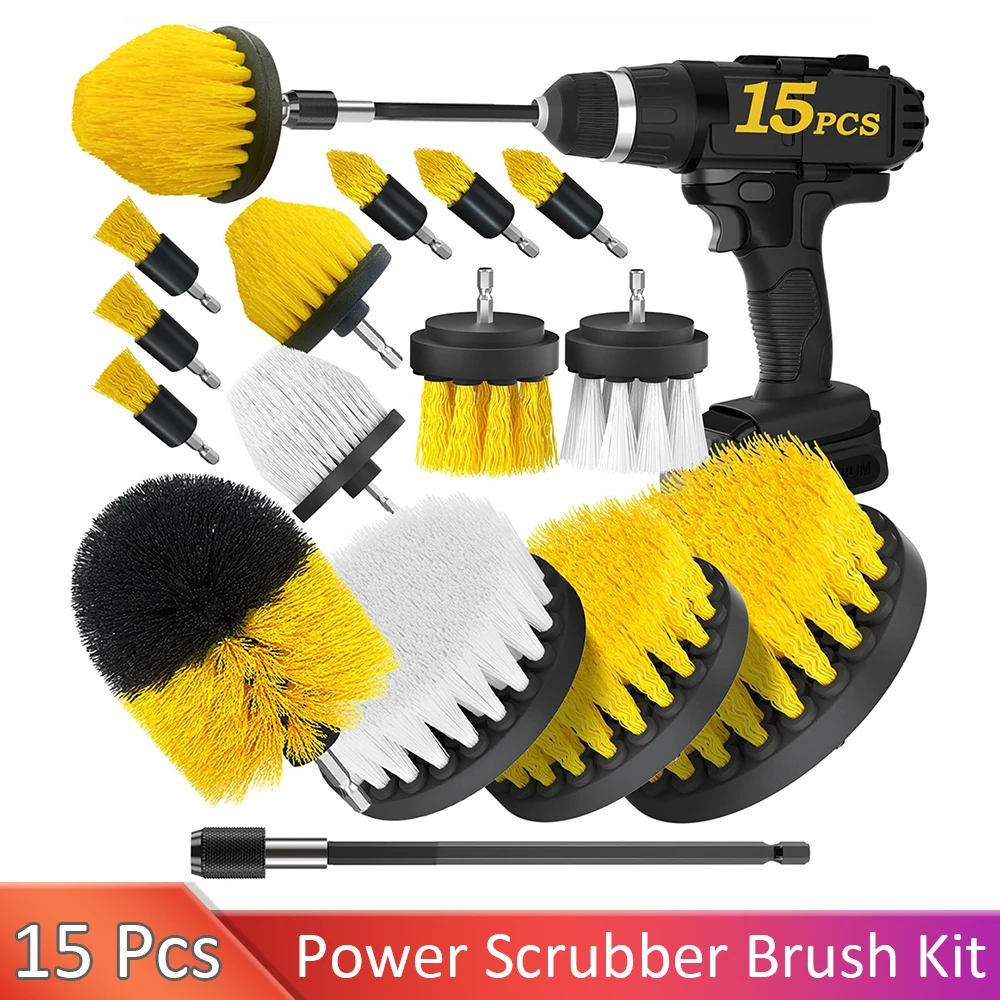 15 Pcs Drill Brush Attachments Set Power Scrubber Brush with Extend Long Attachment Crevice Cleaning Brush Scrub Brush Bathroom