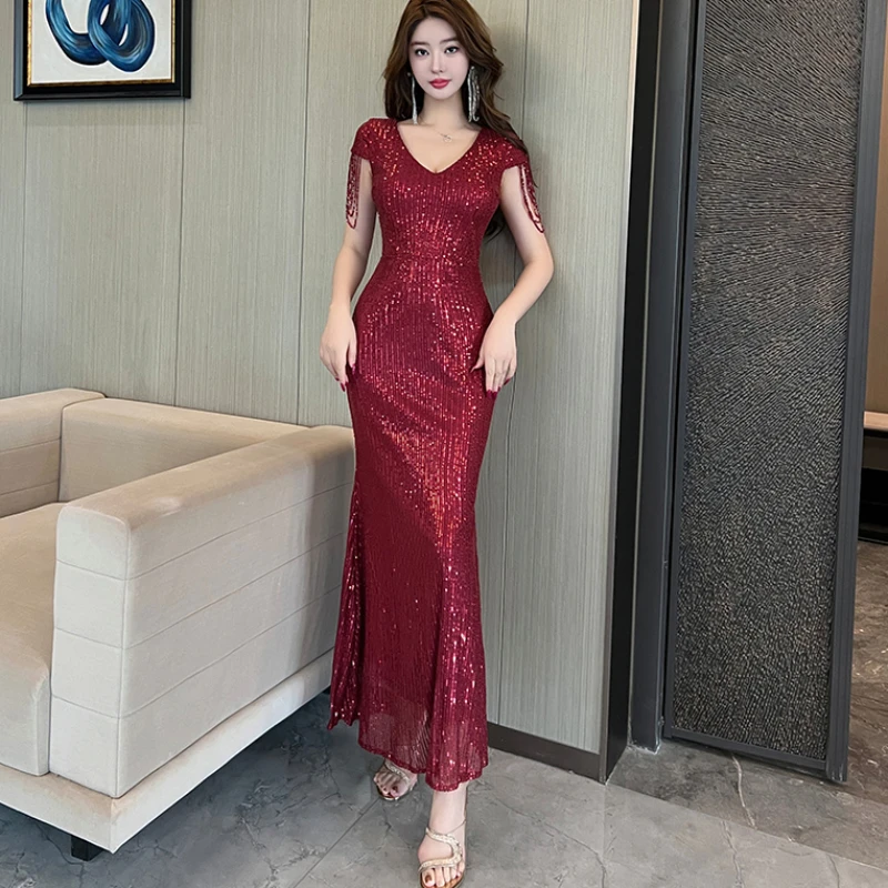 Vestido de noche para mujer 2025, vestido de invitados de boda con lentejuelas y flecos en los hombros, vestido de fiesta de graduación ajustado, vestido largo rojo