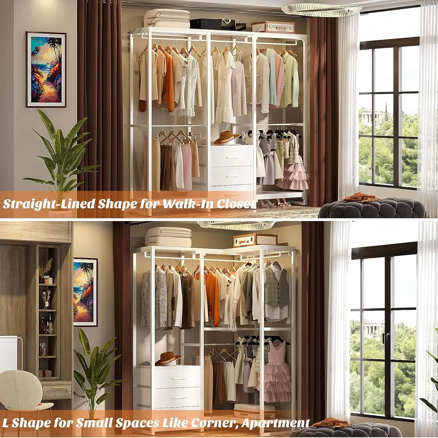 Garment Rack Heavy Duty Clothes Rack for Hanging Clothes,Clothing Rack with Drawers, Wood Stoarge Shelf Freestanding Closet