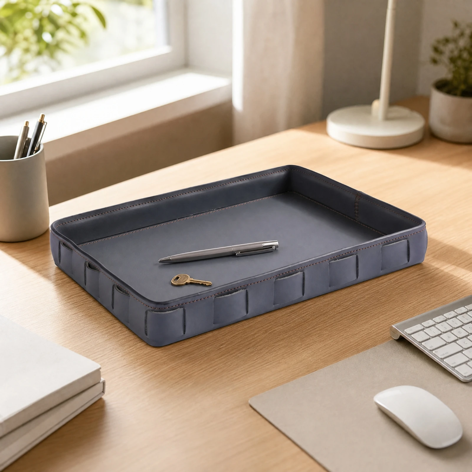 Raised-Edge Storage Tray Elegant Semi-PU Leather Tray with Decorative Panels Sturdy Modern for Living Room, Coffee Table
