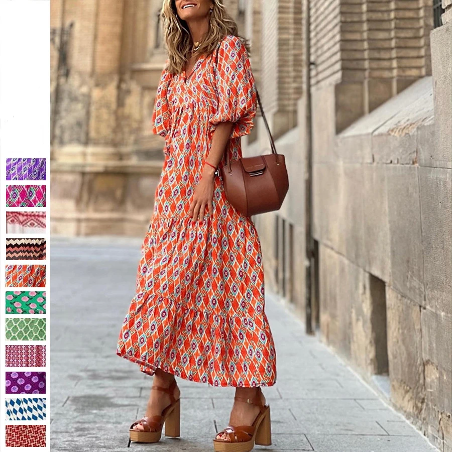 

Summertime Bohemian Printed Loose Long Skirt Fashion Women Dress Summer Puff Sleeve Round Neck Beach Female Casual Floral