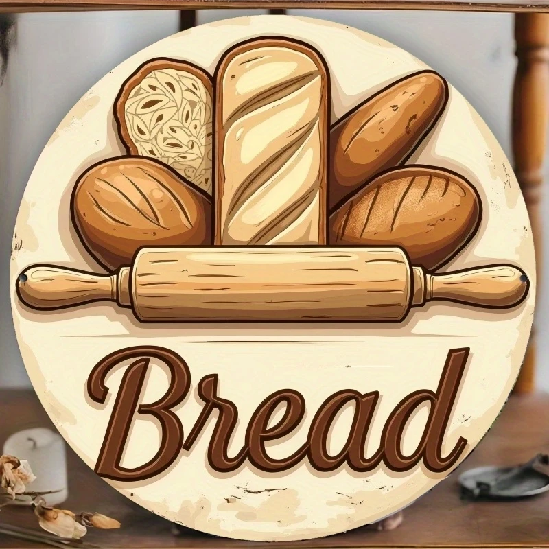 8in 2D Wooden Bread Design round Plate Wall Baking Holder Restaurant Bakery Kitchen Wall Hanging Decorative Kitchen Accessory