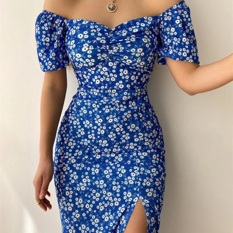 ชุดเดรสคลุมเข่าเซ็กซี่สำหรับผู้หญิง2024ใหม่ผ่ากลางเปิดสะโพกแบบเซ็กซี่สุดฮอตมีซิปกระเป๋าพิมพ์ลายฤดูร้อน