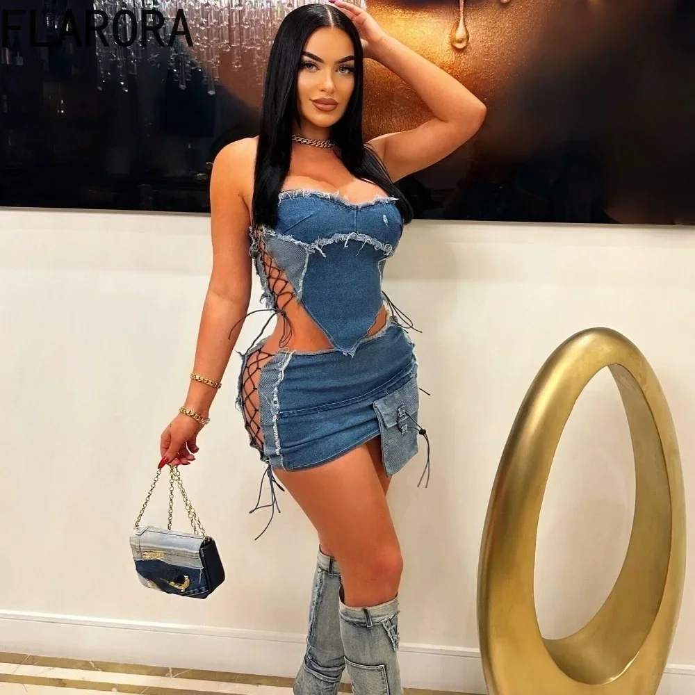 FLARORA Fashion Denim Hollow Lace Up Mini Skirts Two Pieces Set Women Strapless Crops Top and Side Bandage Skirts Cowboy Outfits