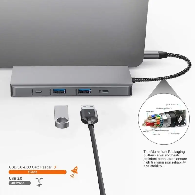 D08B 10 in 1 Type C to HDTV VGA RJ45 USB3.0+USB2.0 TF Card Reader Slot 3.5mm Port