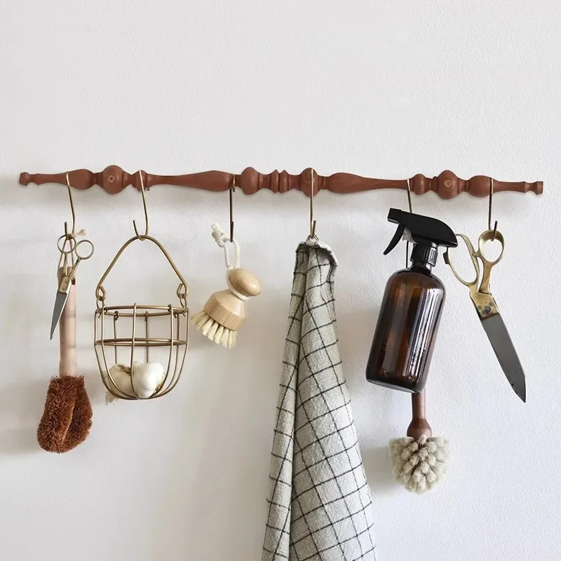 

White Ash Wood Bedroom Hanging Rod Moisture-Resistant Entryway Storage Rack Retro Kitchen Hooks Wall-Mounted Coat Hanger
