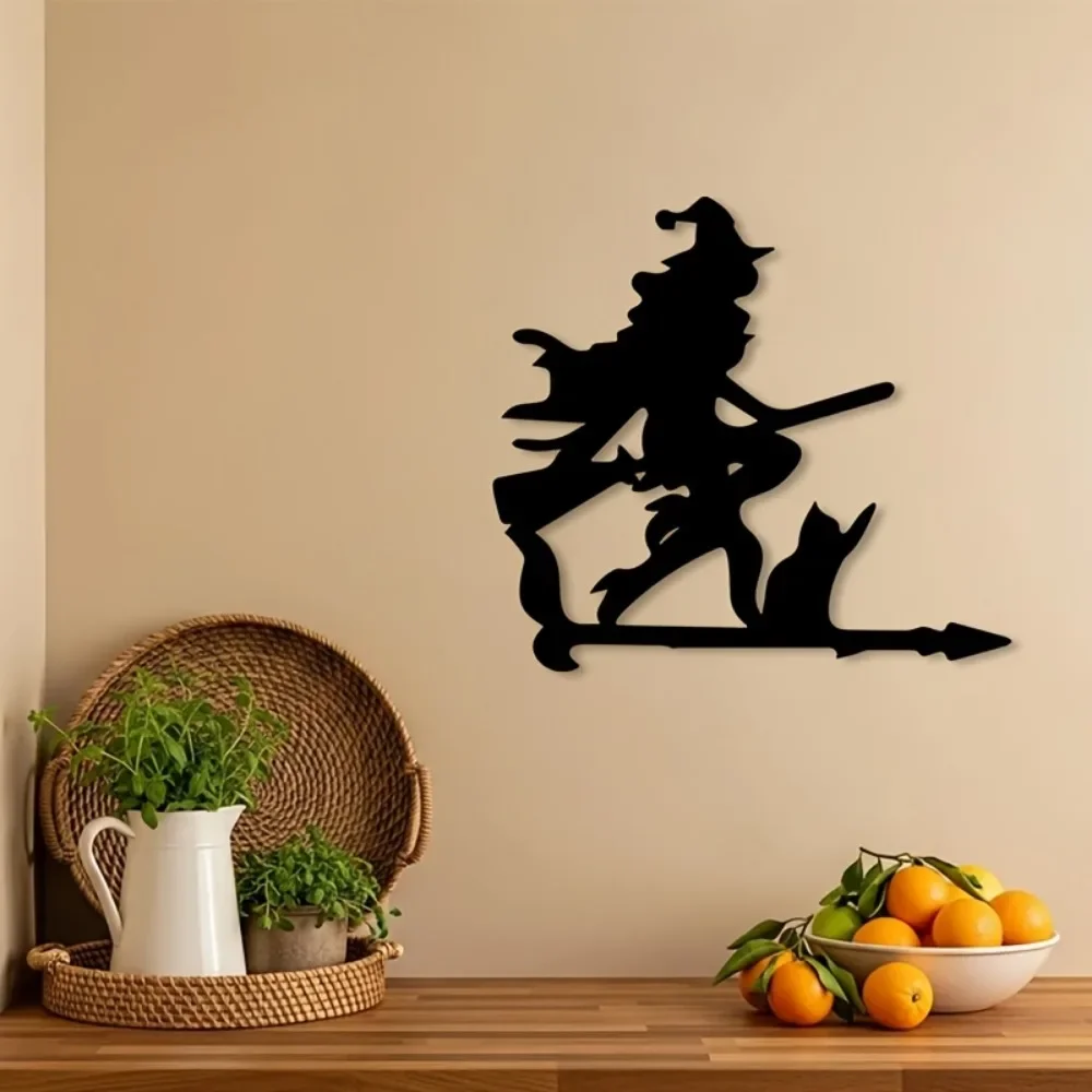 1pc CIFBUY Metal Wall Art Horror Witch Cat Statue Mural, 2D Flat Laser Cut Metal Sign, Powder-Coated Rustproof Waterproof