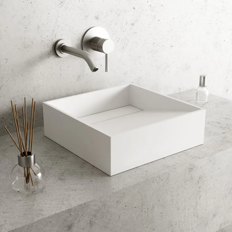 

Modern square acrylic solid surface container bathroom sink is easy to clean with polished drain