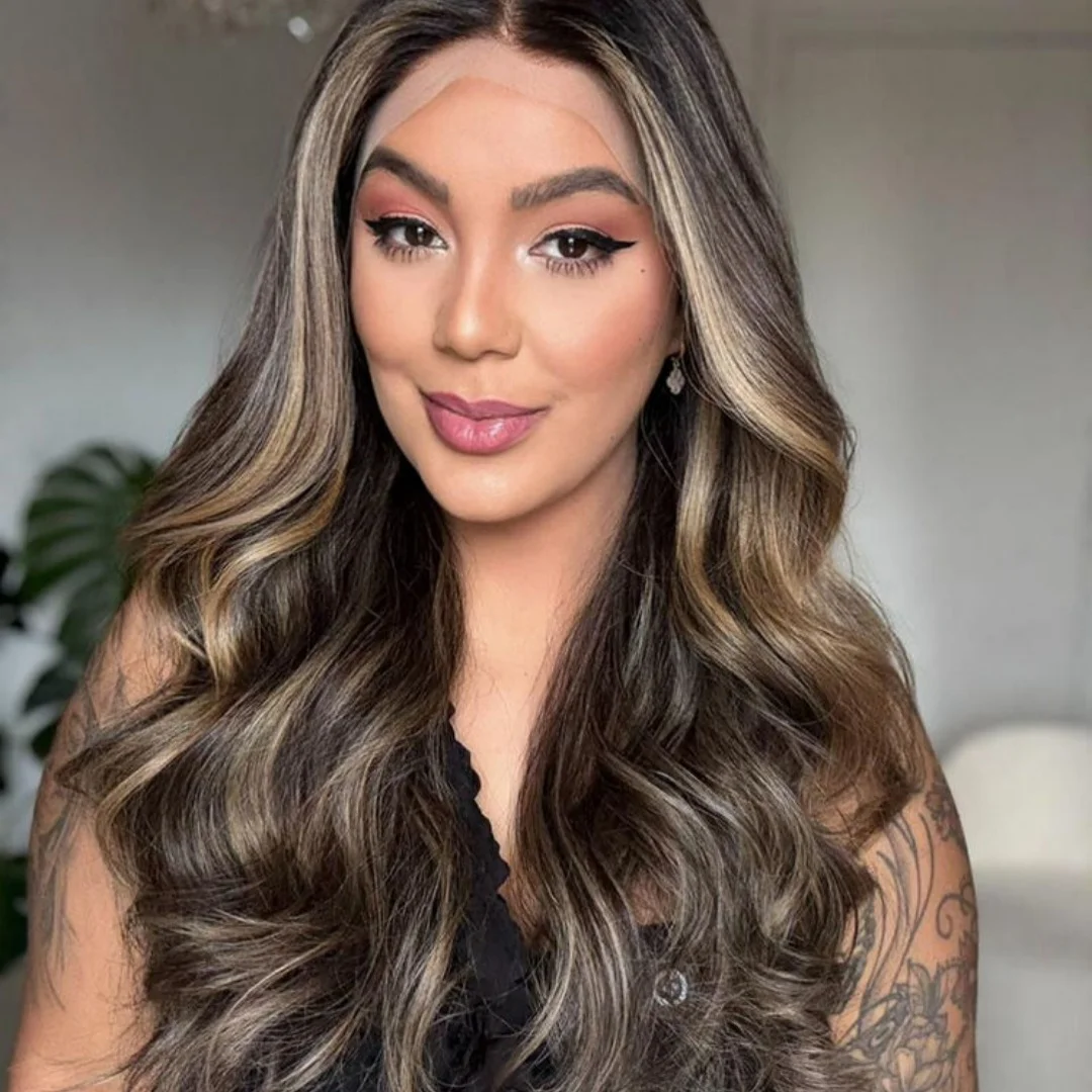 

Highlight Dark Chocolate Brown Glueless Wigs Synthetic Hair Body Wave HD Transparent Lace Wigs Realistic Look Brunette Fibre