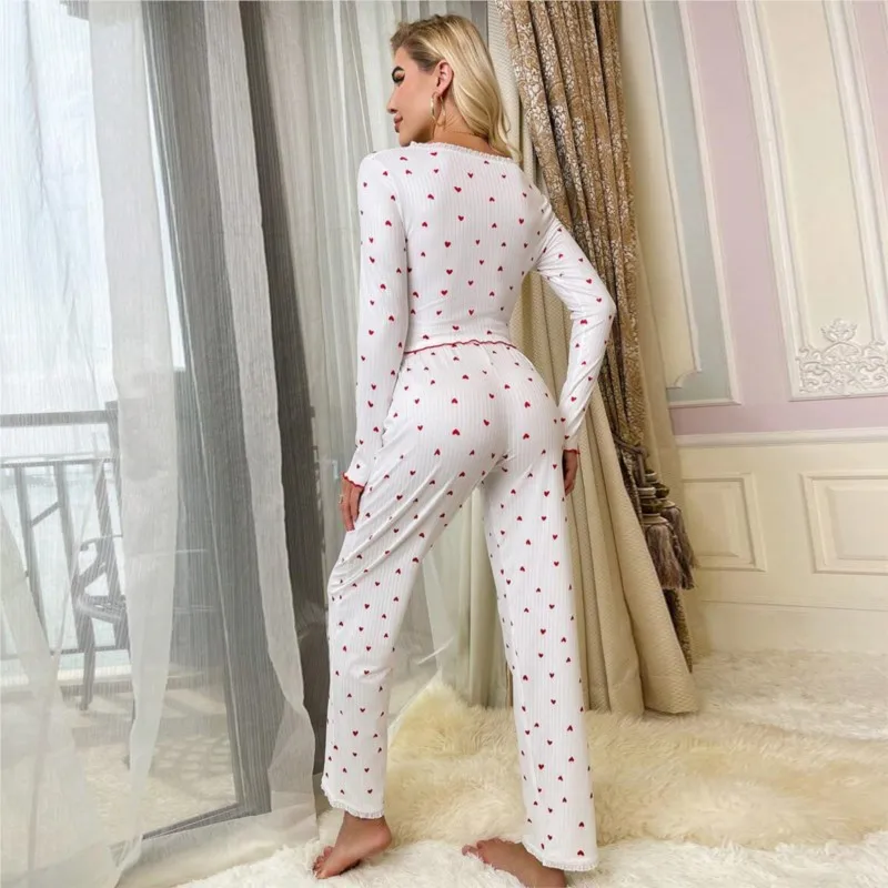 Elegant White Ribbed Heart Print Pants Set Pajamas Set Women Lace Trim V Neck Bow Sleepwear Tops Elastic Long Pant Nightwear